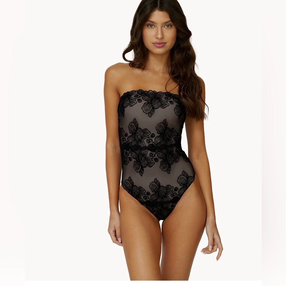 PQ Swim Black Floral Lace Strapless One-Piece Swimsuit